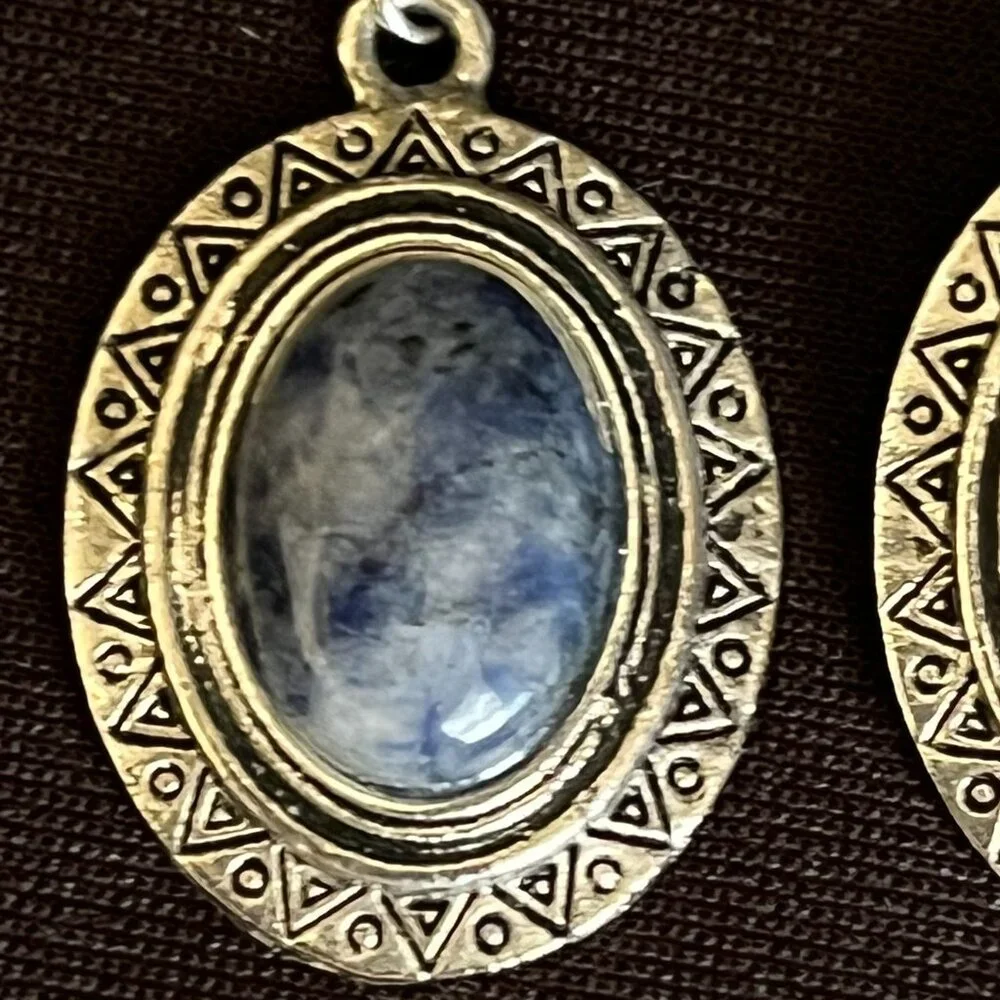 Taxco‑Style Sodalite Earrings – Antique Silver‑Tone Setting – Oval Cabochons - Picture 4 of 10
